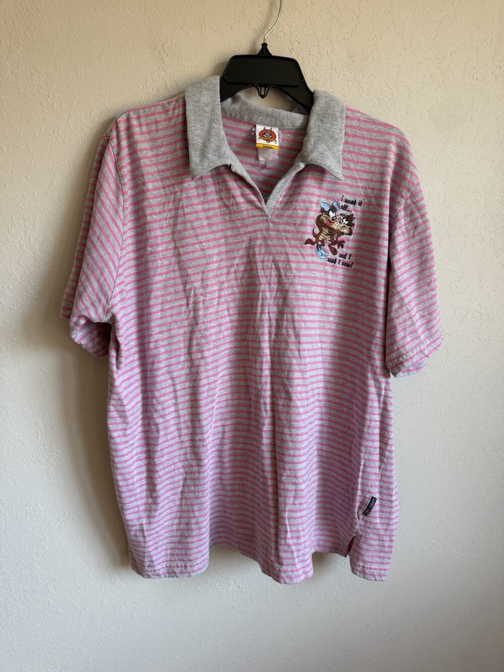 Vintage Looney Tunes Pink Gray Tan I Want It All Polo Blouse Womens XXL 90s